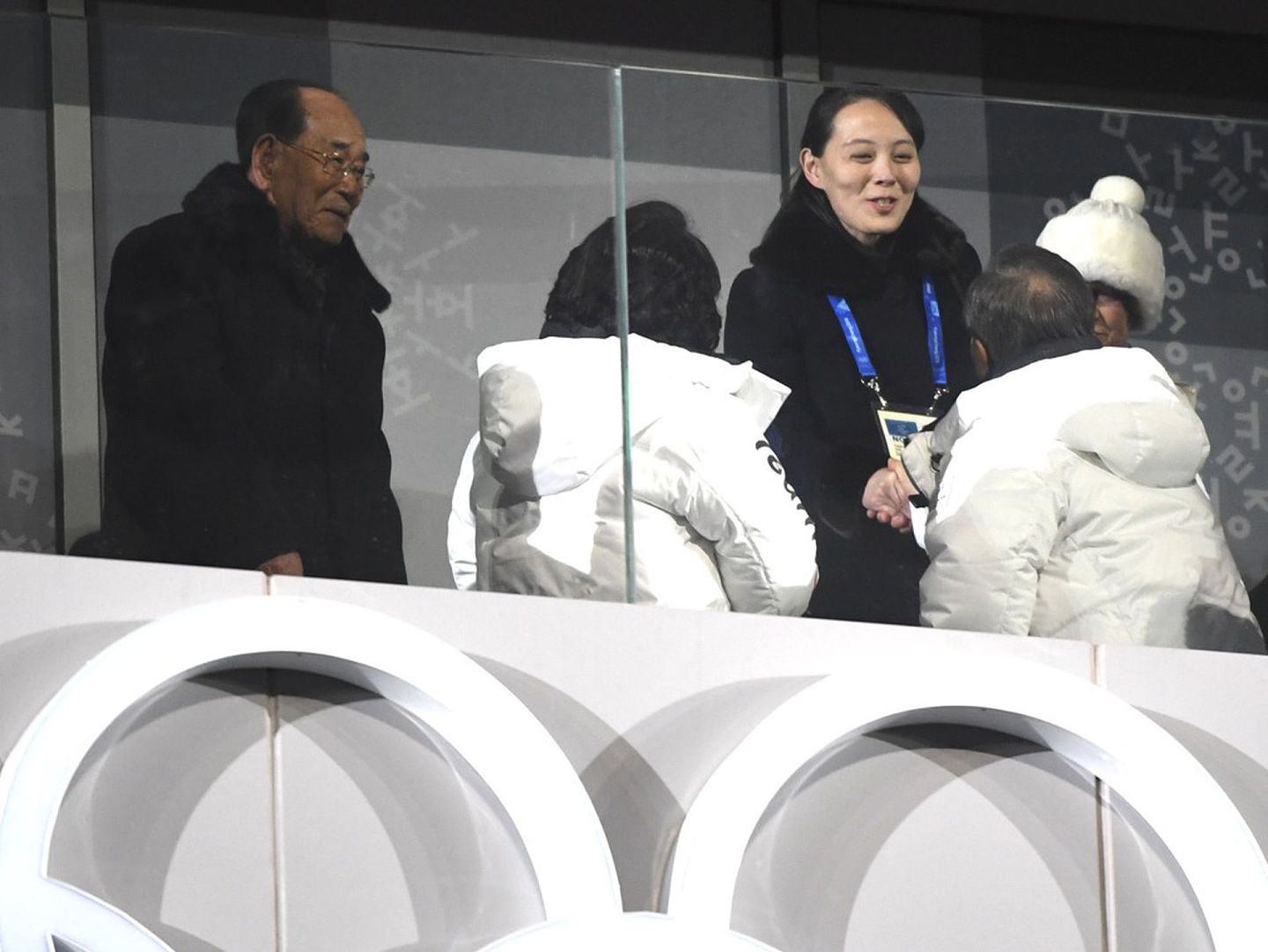 2018年2月9日，2018年平昌冬奥会开幕式在韩国平昌奥林匹克体育场举行，韩国总统文在寅与金与正握手互动。（新华社）