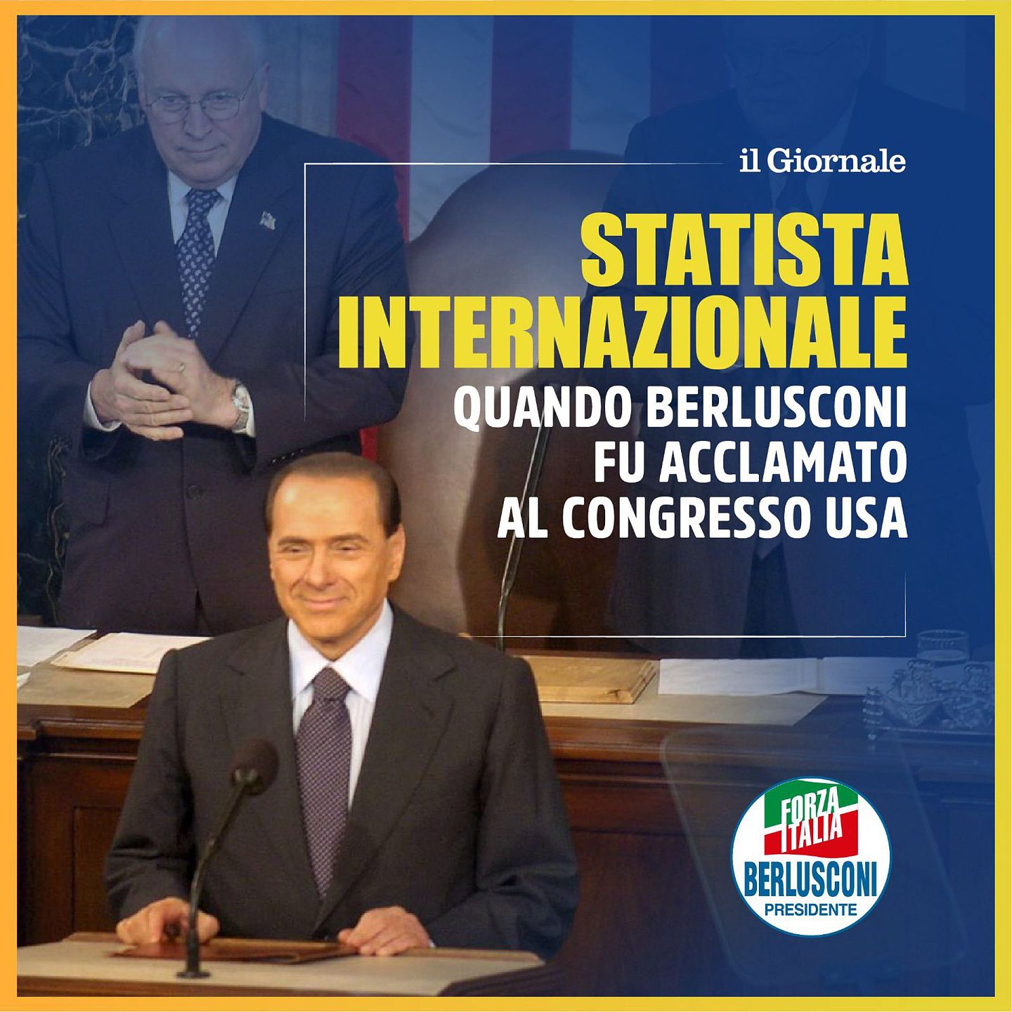 贝卢斯科尼拥有的《Il Giornale》以贝氏2006年的美国国会演说照片为背景，称他为“国际级政治家”。（Twitter@berlusconi）