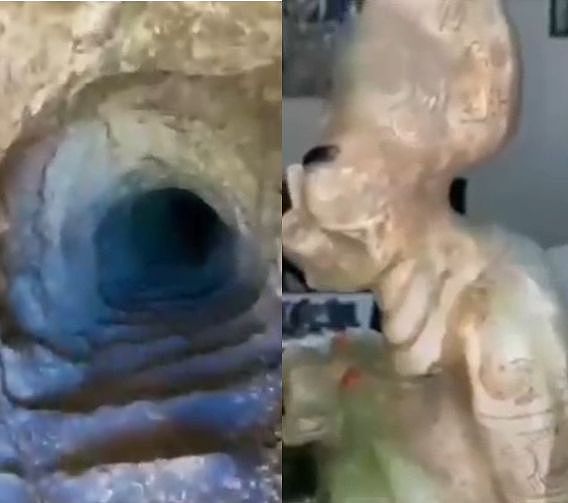 ▲▼ 墨西哥地穴惊曝外星古文明！ 「凸头大眼」雕像盘坐穴中。 （图／翻摄reddit）