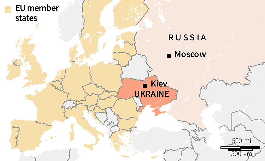 Ukraine is largely surrounded by European Union nations on one side, and Russia on the other.