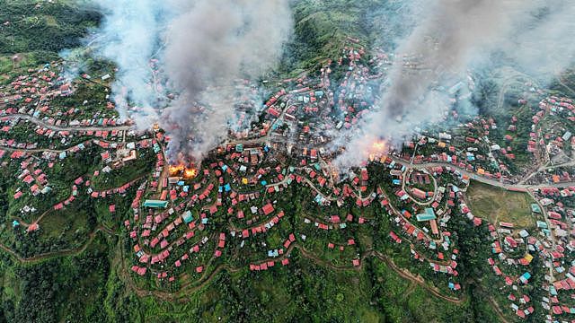Smoke and fires from Thantlang, Chin State, caused by shelling from military forces, according to local media - October 2021