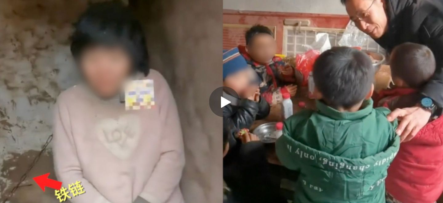 丰县八孩女子事件，起因于社交媒体的一支“农村父亲养了八位子女”影片，人们发现影片中有妇女被用铁链拴着。（网络视频截图）