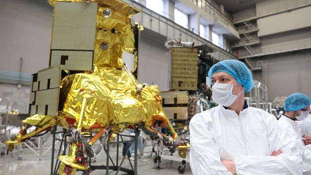 The Luna-25 lunar lander is seen in an assembly facility of the S.A. Lavochkin Research and Production Association