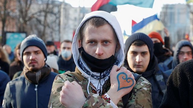 People take part in the Unity March, which is a procession to demonstrate Ukrainians