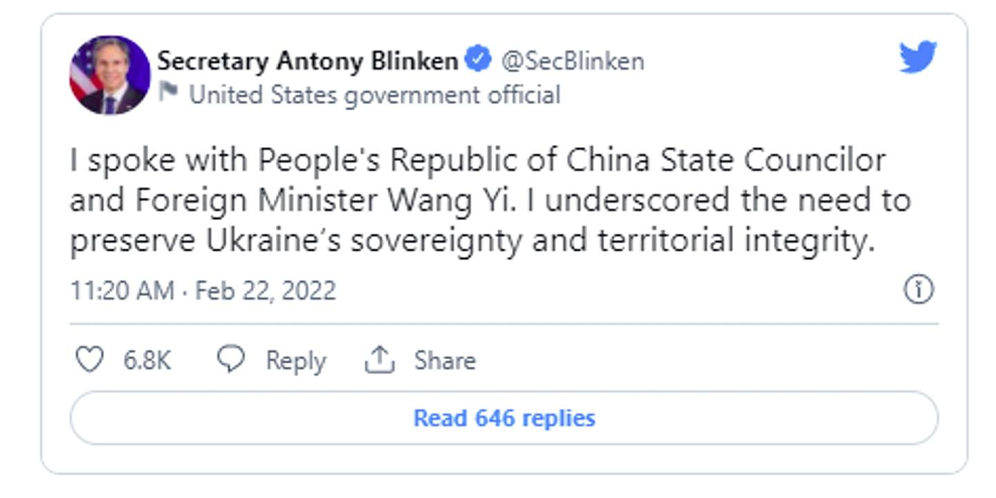 中美关系：美国务卿布林肯在Twitter表示自己和中国务委员兼外长王毅通话期间强调需要维护乌克兰的主权和领土完整。 （Twitter@SecBlinken）