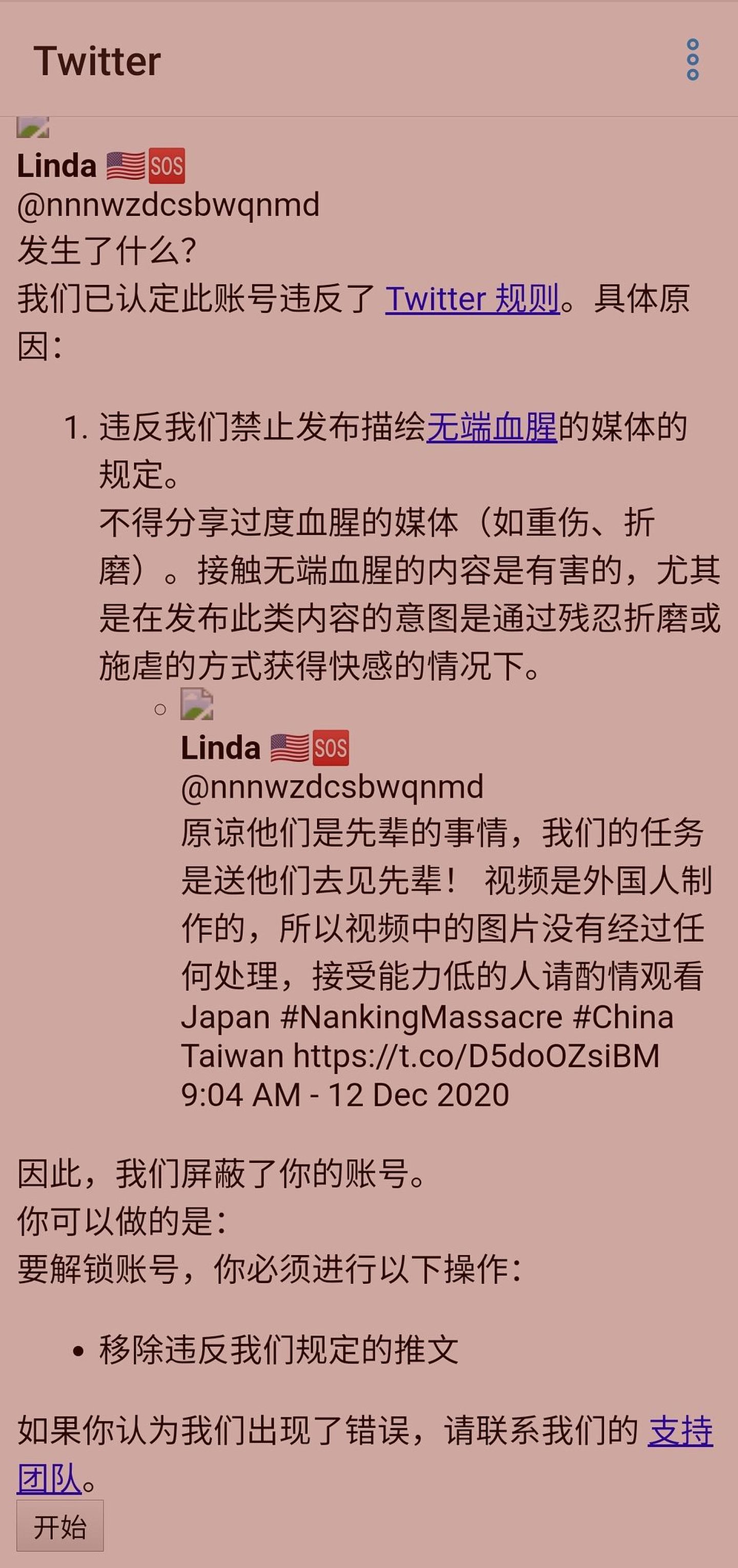 2020年12月13日是中国第七个的南京大屠杀死难者国家公祭日。部分推特中文用户表示在发布有关南京大屠杀史料后，被推特官方以“无端血腥”之由删帖封号。（Twitter@nnnwzdcsbwqnmd)