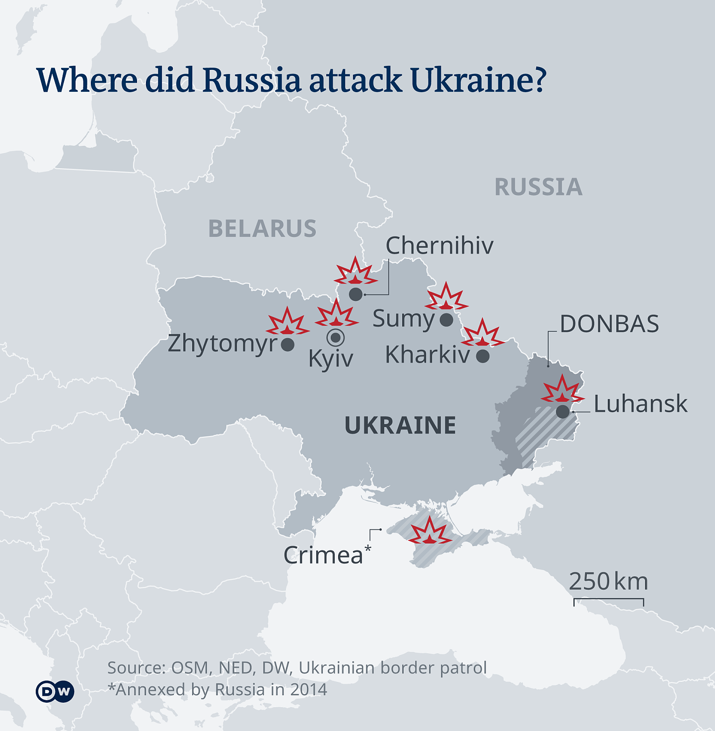 Karte - Wo Russland die Ukraine angegriffen hat - EN