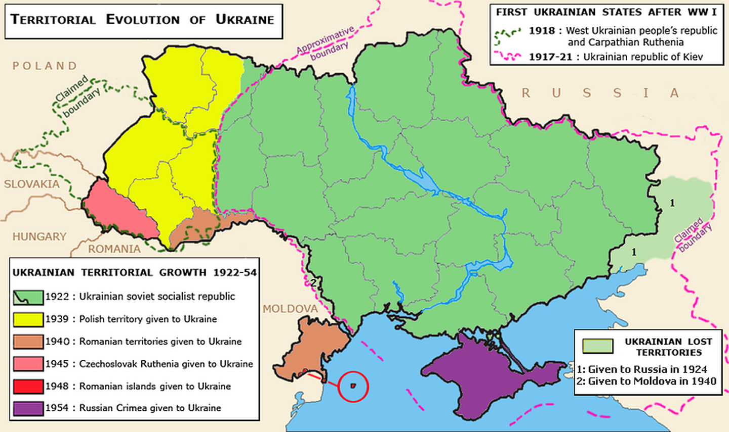 乌克兰1922年至1954年的领土扩充图。（Wikimedia Commons）