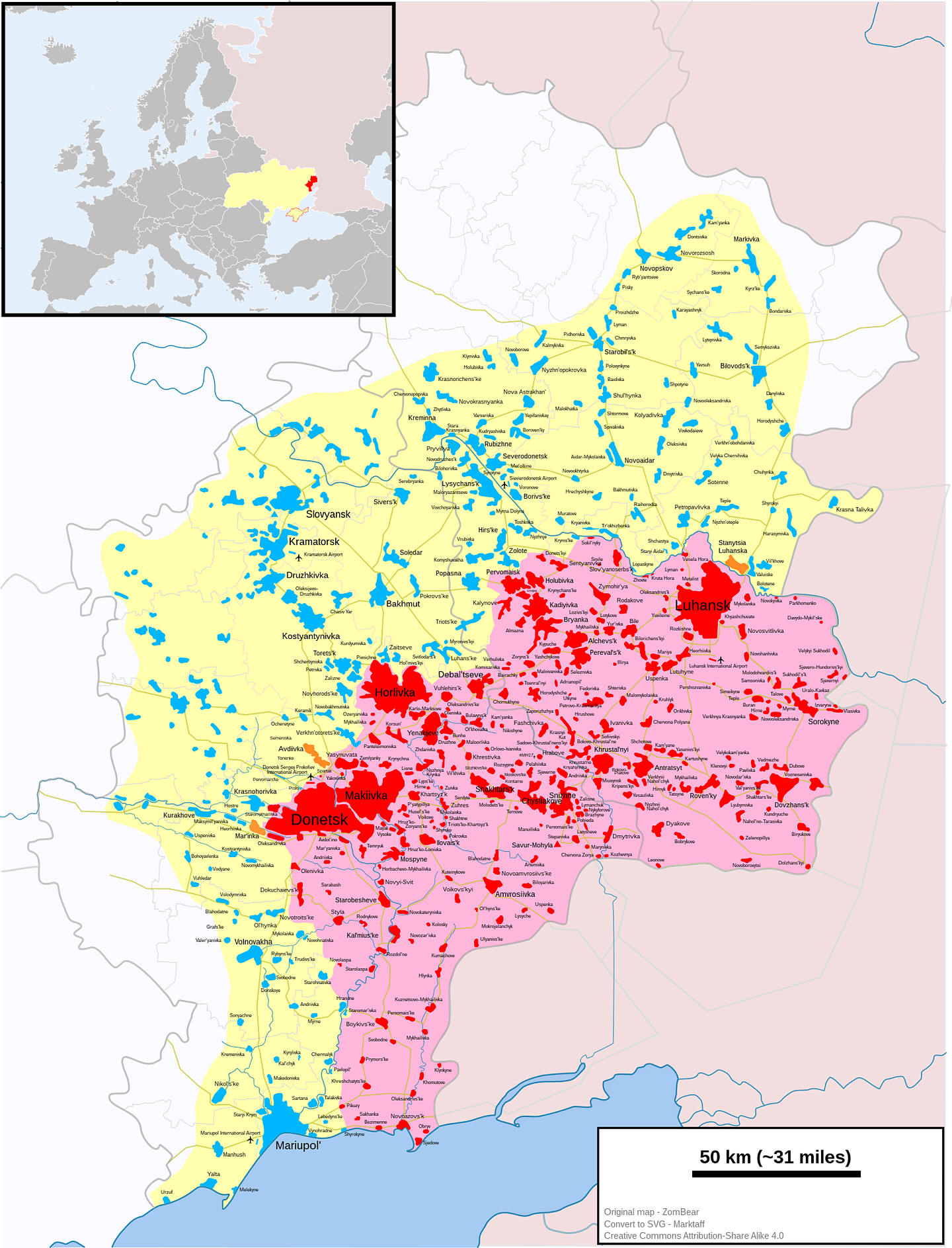 顿涅茨克州与卢甘斯克州的局势图。红色地区为亲俄分离主义武装控制的地区；黄色及蓝色地区为原先曾被亲俄武装控制，但随后被乌政府军重夺的地区。（Wikimedia Commons）