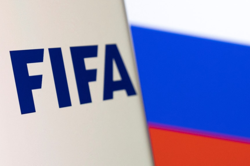 俄罗斯国旗前是一个国际足联（FIFA）的标志