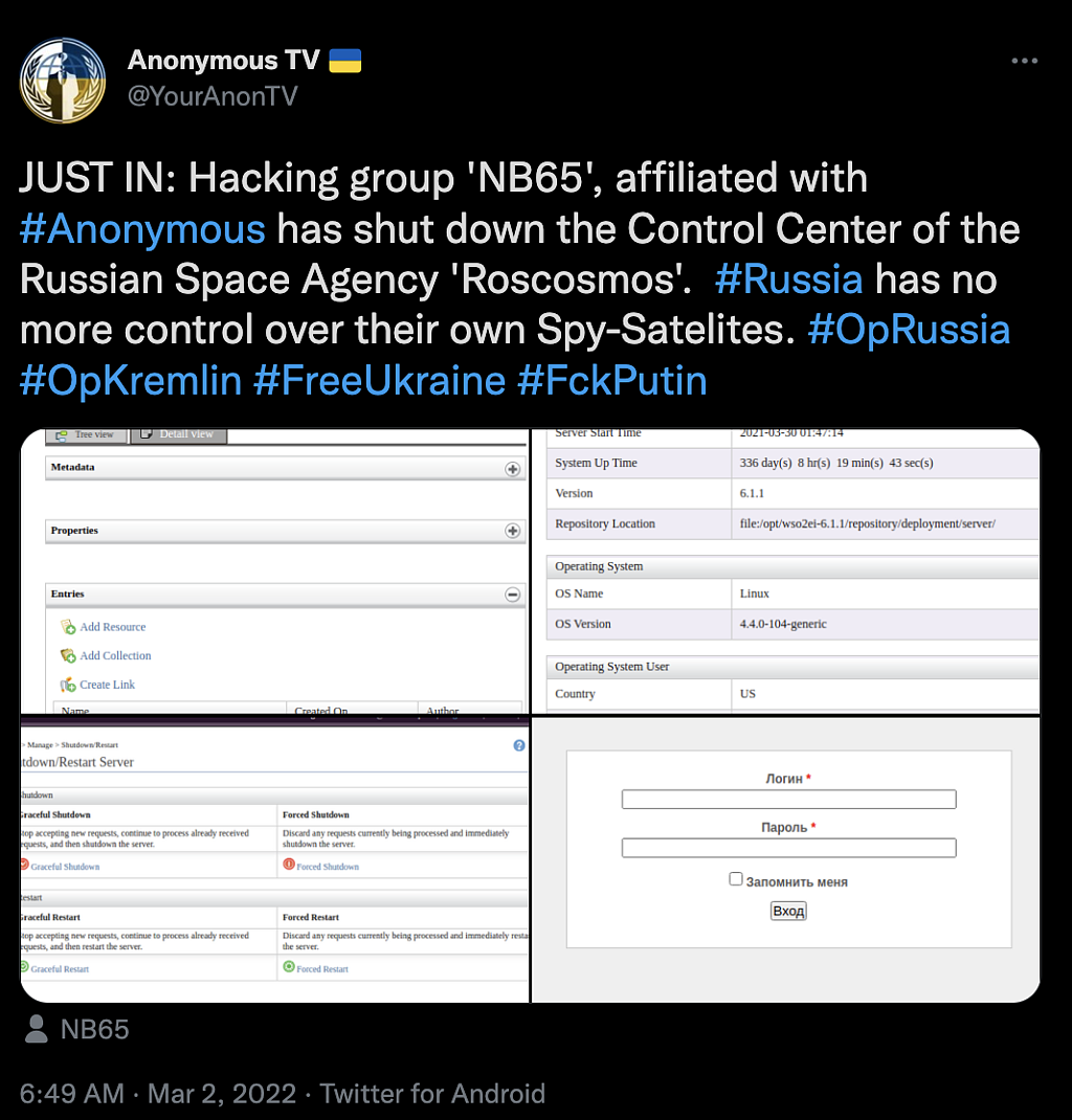 「匿名者」（Anonymous）于Twitter上表示，隶属于匿名者的黑客团队「NB65」，目前已经成功瘫痪俄罗斯国家航天公司的控制中心。 （匿名者Twitter截图）