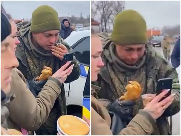 ▲▼被俘的俄罗斯士兵，喝着乌克兰民众给的热茶，还借手机和妈妈视讯到落泪。 （图／翻摄自推特／@ChristopherJM）