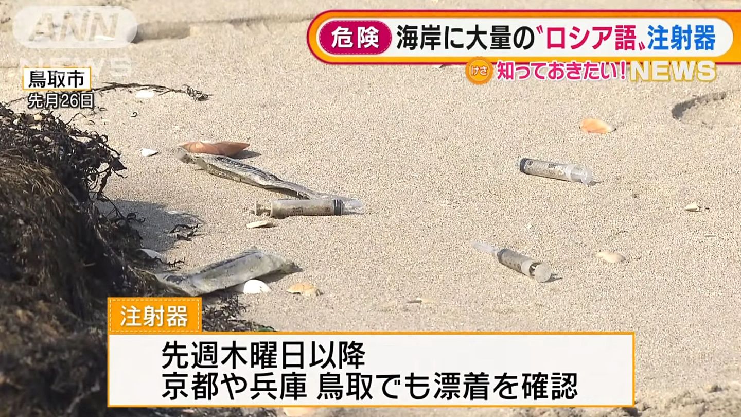 图为日本鸟取市的一个海滩，可见漂流上岸在沙滩上的针筒。（ANN NEWS Youtube截图）