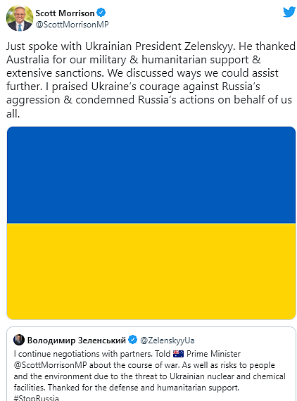 莫里森连线乌克兰总统，谴责普京是“暴徒”！泽连斯基感谢澳洲军事人道主义援助（组图） - 2