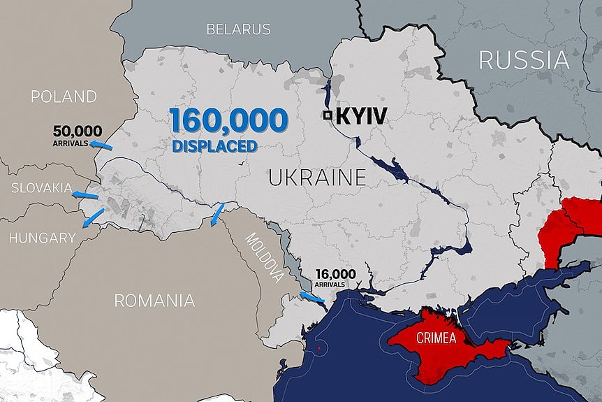 A map showing countries in which Ukrainians have traveled to after being displaced.