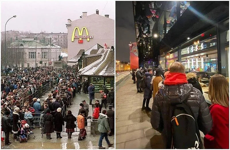 俄羅斯的第一家麥當勞擠爆人潮（右圖），重現32年前開店時的場景（左圖）。（翻攝@jason_corcoran推特）
