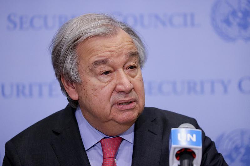 聯合國秘書長古特瑞斯14日在紐約聯合國總部，針對俄烏情勢回應媒體。(路透)