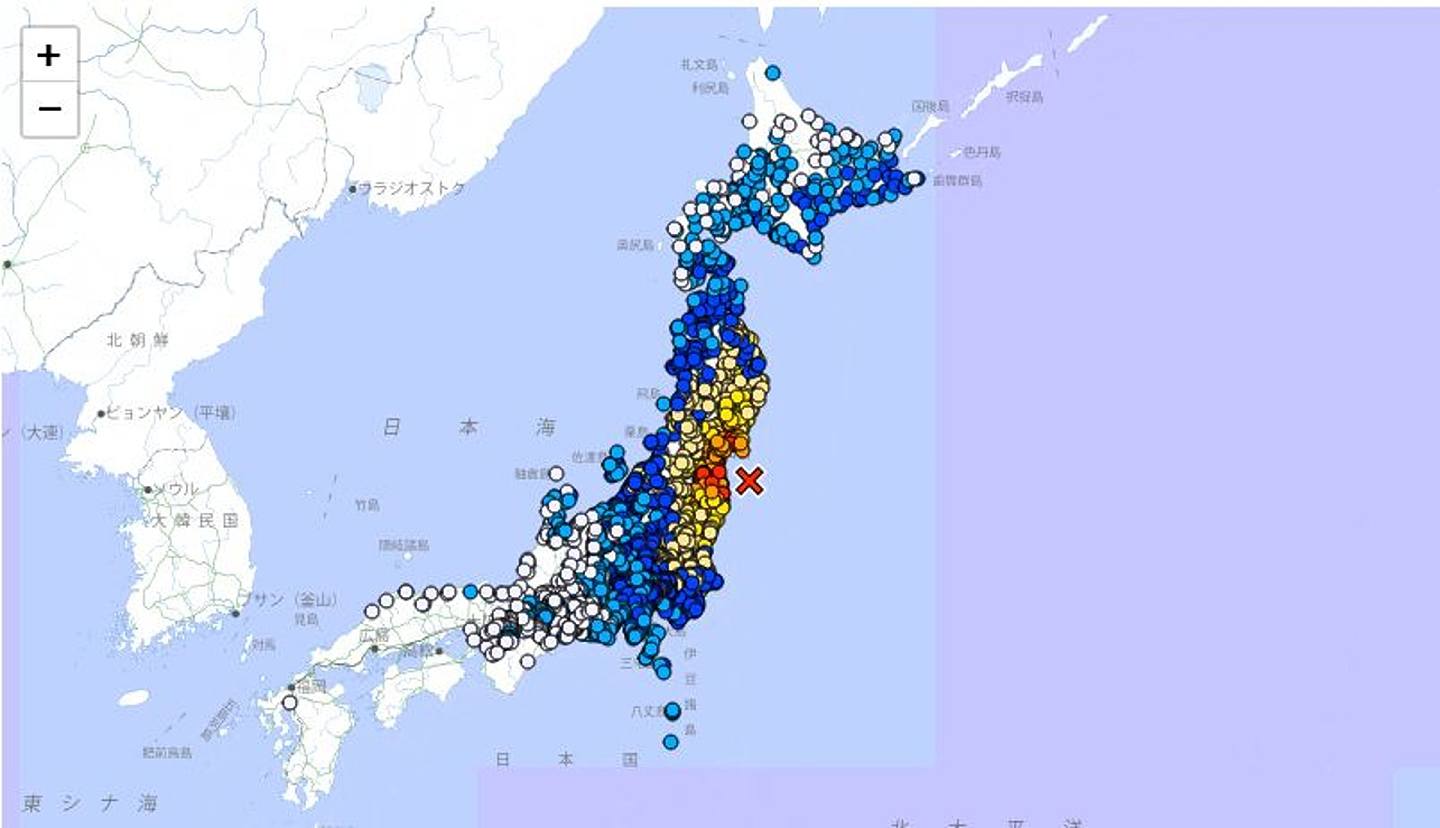 日本福岛县对开海域深夜亦发生黎克特制7.3级地震，更发出海啸警报。 （ 日本气象厅）