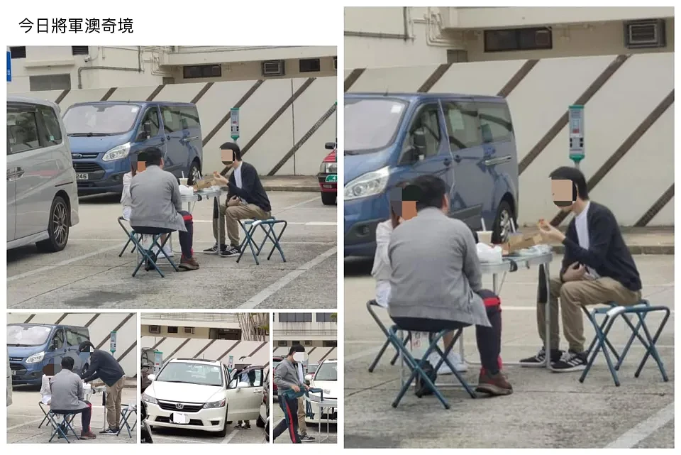 有市民被拍攝到在露天停車場的泊車位開枱食飯。（經打格處理）