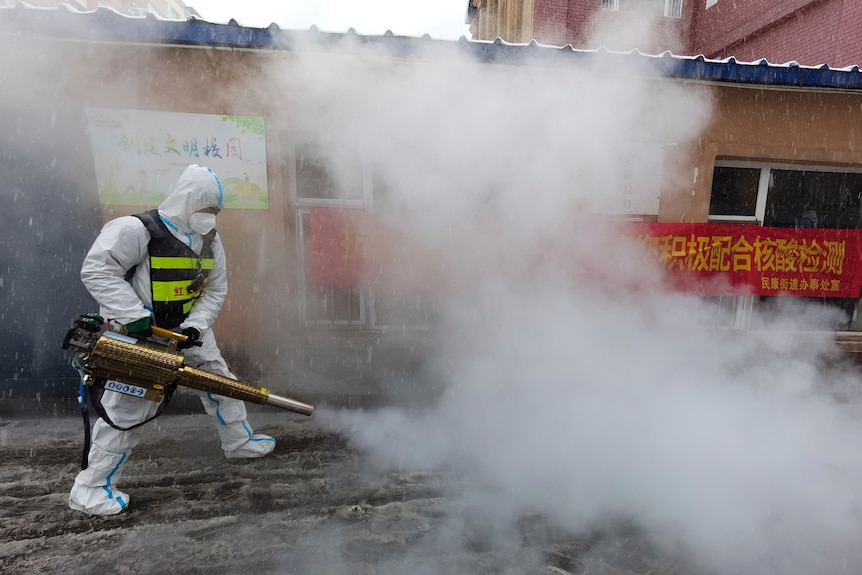 A health worker is spraying disinfection chemicals on the street