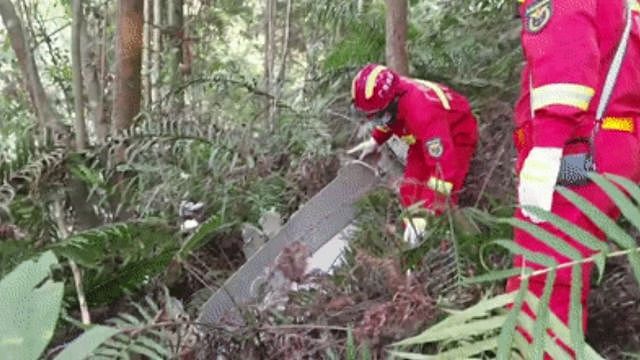 广西梧州消防人员在MU5735航班坠机现场发现疑似飞机残骸（中新社／ 广西消防图片21/3/2022）