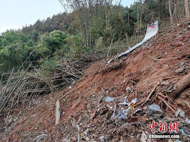 东航客机坠机现场 残骸散落在地。通讯员 江怀鹏 武警广西梧州支队提供