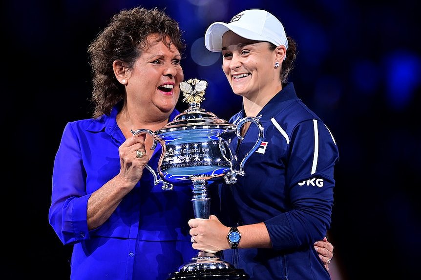 Evonne Cawley and Ash Barty with the Australian Open women's singles trophy.