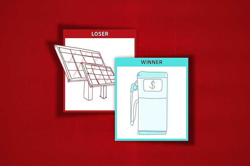 Red background with two cards saying Winner and Loser with petrol bowser and solar panels. 