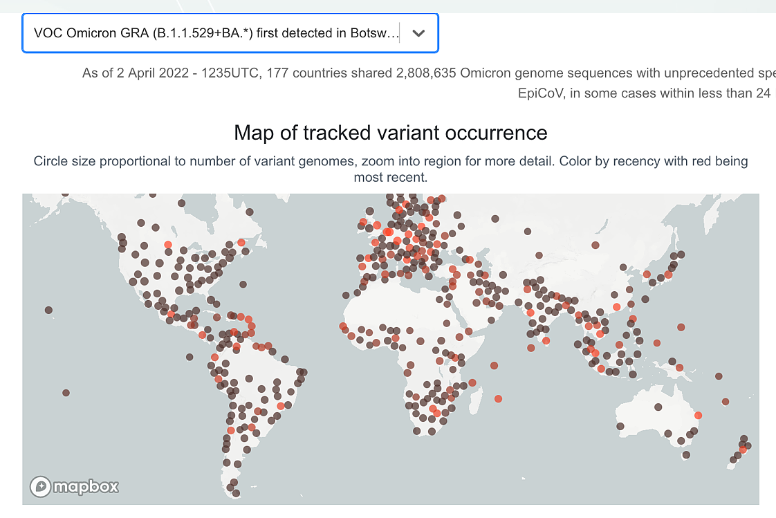 图：GISAID数据库里已经报道过的奥密克戎变异株