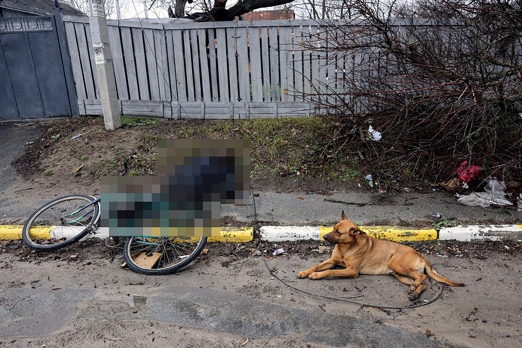 一名男子遭俄军射杀跌下单车，顺势倒卧路旁，身旁的狗狗却始终没有离开过。 (图/路透社)