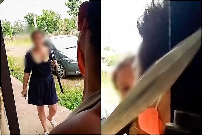 ▲▼ 泰国40岁人妻奥姆（Aum）持武士刀骚扰一对夫妻。 （图／翻摄自YouTube）