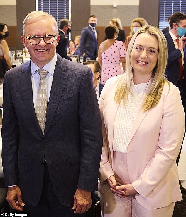Anthony Albanese (left) with partner Jodie Haydon after speaking at the National Press Club on January 25, 2022 in Canberra