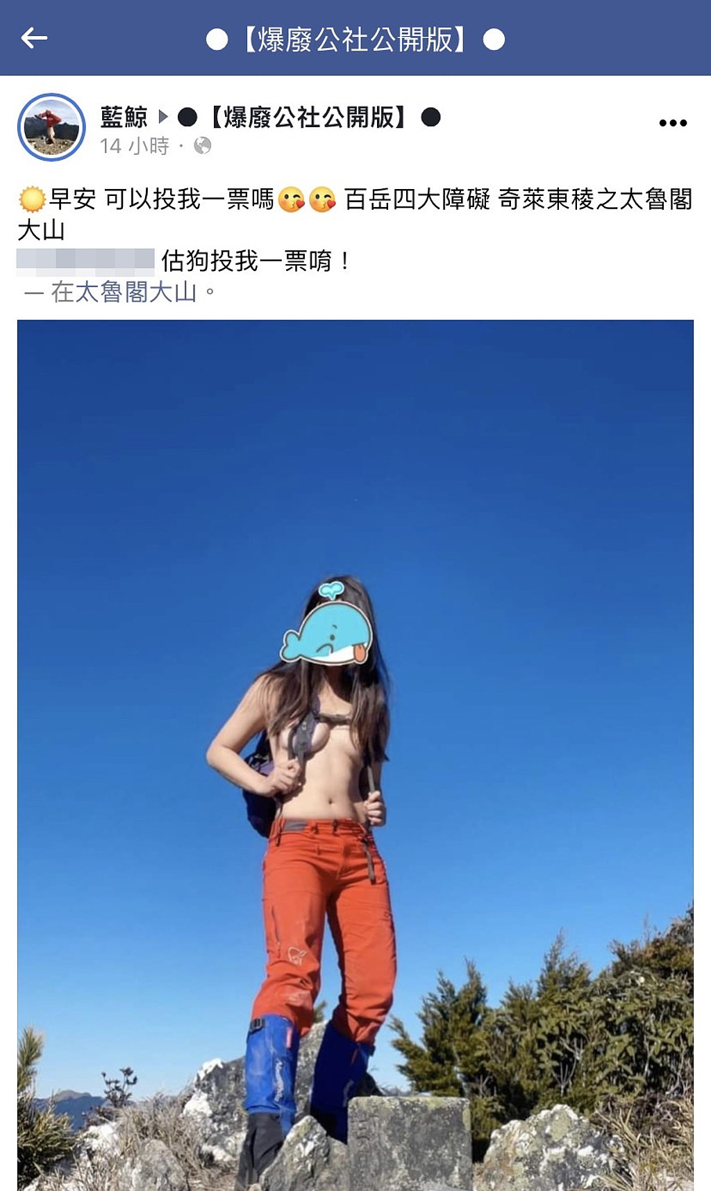 女网友登奇莱东棱太鲁阁大山，在山顶拍下「上空照」仅用背带遮胸，据悉她是参加媒体举办的创作者征选比赛，用此照片吸引投票，而她名叫「蓝鲸」。 （翻摄自脸书「爆废公社公开版」）