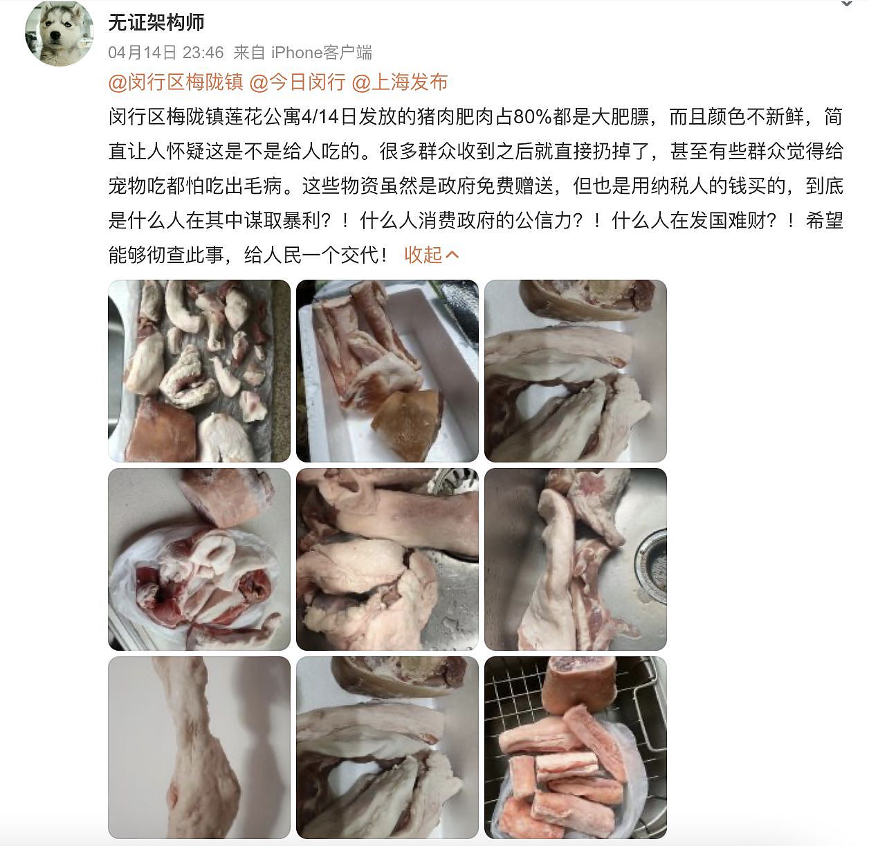 ▲▼ 上海政府发放物资是烂猪肉。 （图／翻摄自微博）