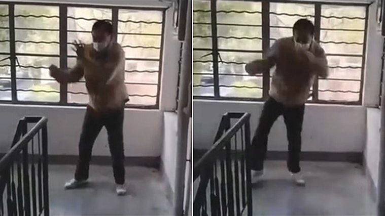 马保国在楼梯间示范武技。 翻摄自微博