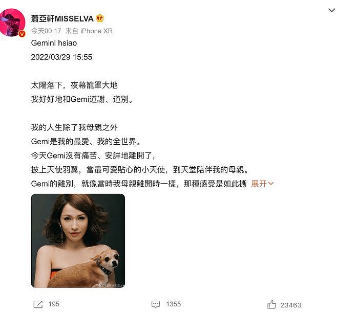 爱犬Gemi去世 萧亚轩发长文悼念：不舍，撕心裂肺