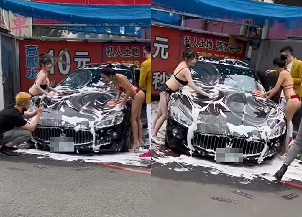 有名网友在台中街头拍到比基尼辣妹洗车，让他直呼「不冷吗」。 （翻摄自爆废公社）