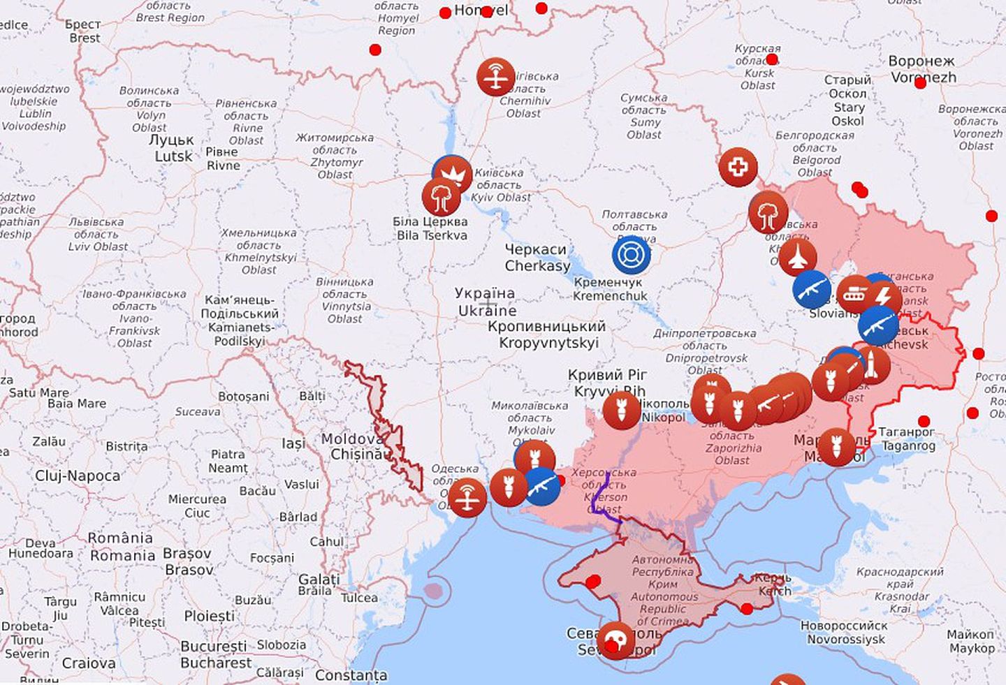 乌国各地呈报的军事活动，当中可见俄方在乌东的活动尤为频繁。（liveuamap）