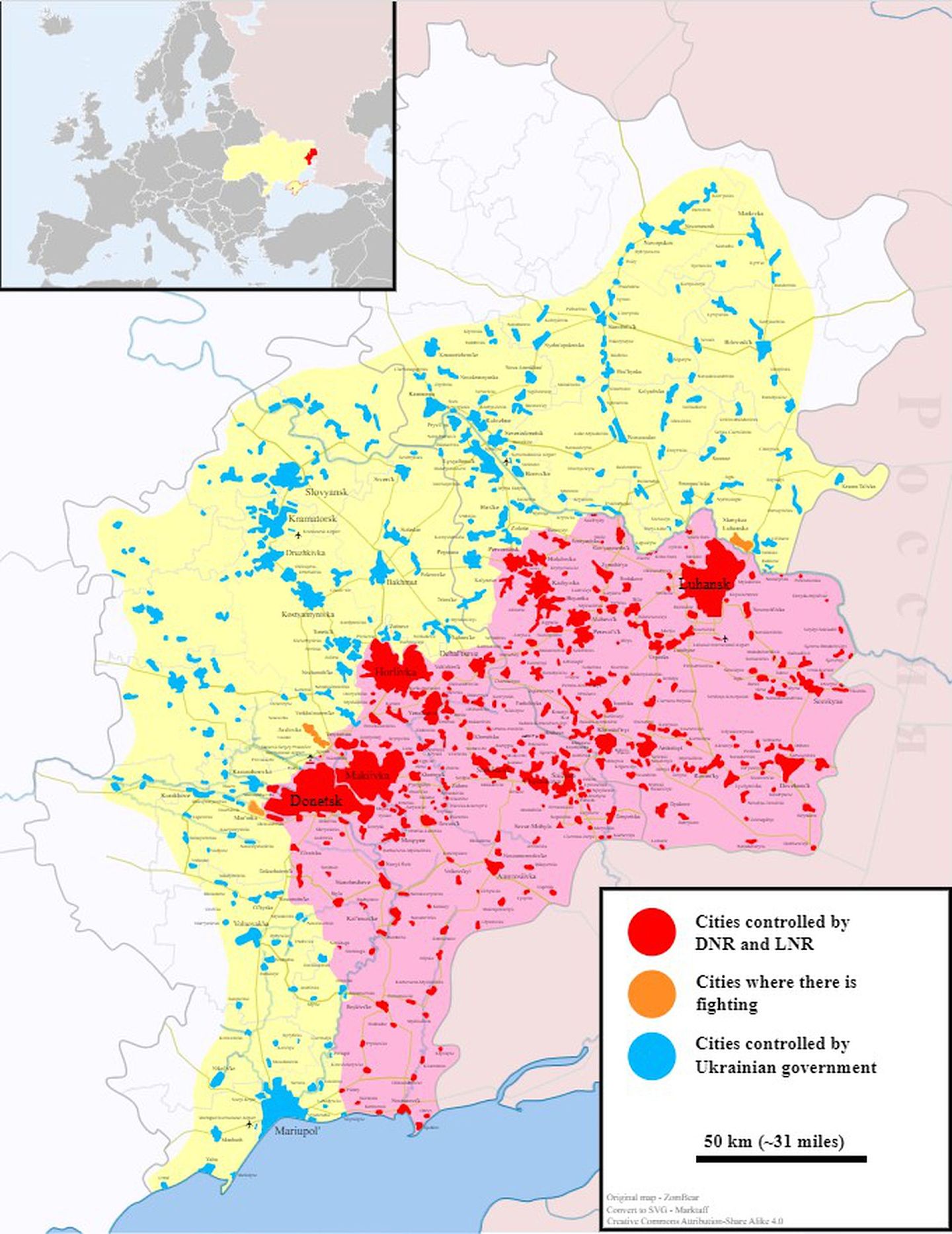 顿巴斯地区实际控制区的地图：图中灰色界线内为顿巴斯的顿涅茨克和卢甘斯克两省，红色地图为分离主义者在本年2月俄方未开战前的实际控制区，其余（黄与白）皆为乌国政府所控。（Wikimedia Commons）