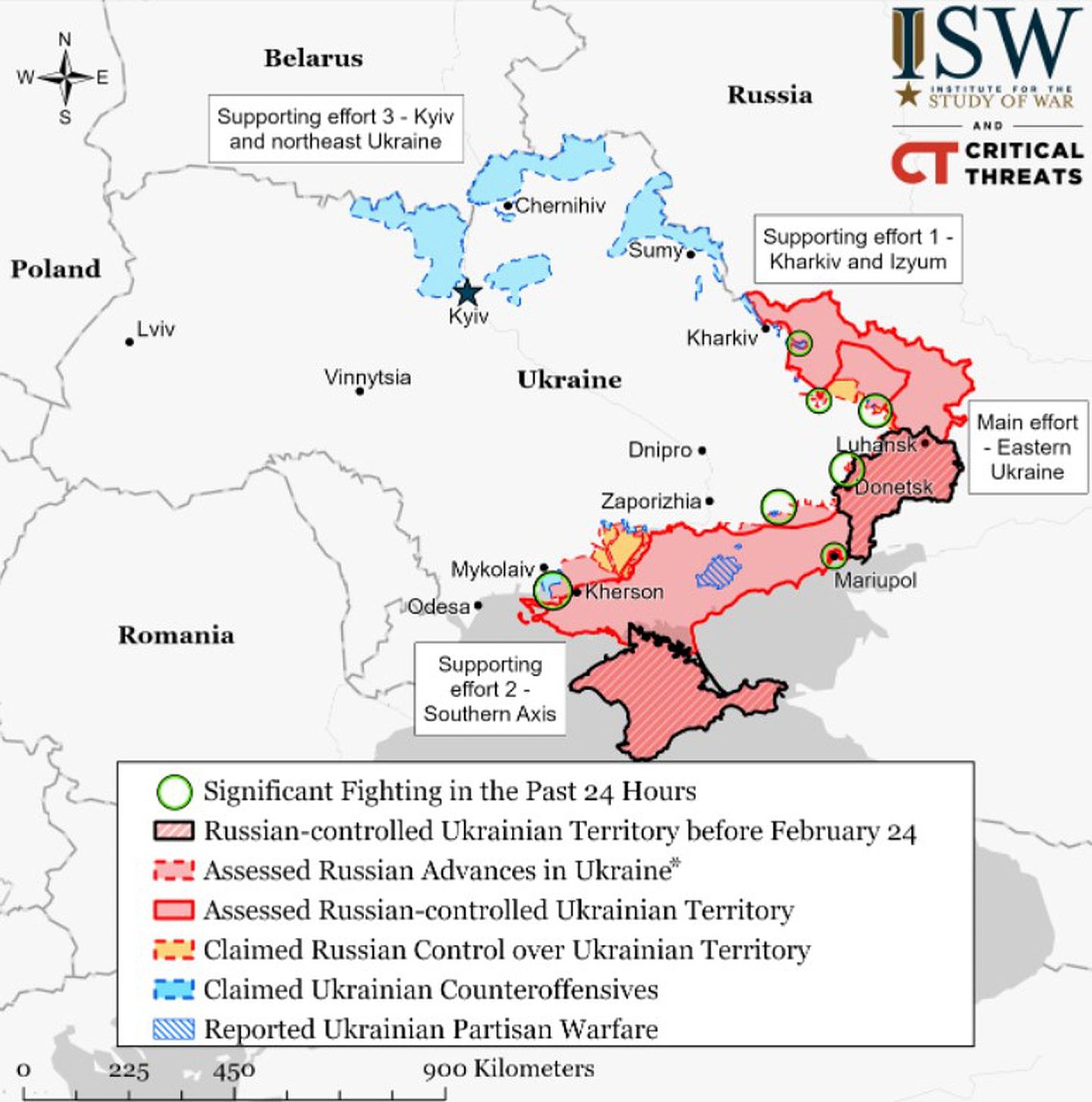 截至4月18日的战争形势。绿圈地点为战况尤为激烈处；北部蓝色地域可算是俄方“以前”的前线地段。（ISW）