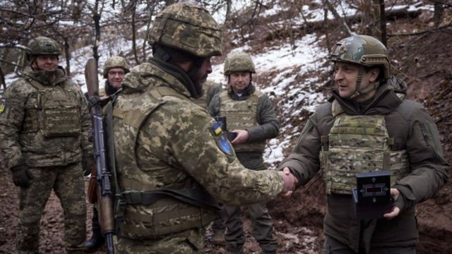 Ukrainian President Volodymyr Zelensky visiting positions on the frontline with pro-Russian militants in the Donetsk region, Ukraine, 06 December 2021