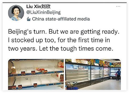 CGTN主播刘欣周日在Twitter称「轮到北京了，但我们已做好准备。我也囤了」，帖文附有货架清空的照片。 该帖文已被删去。 （网上图片）