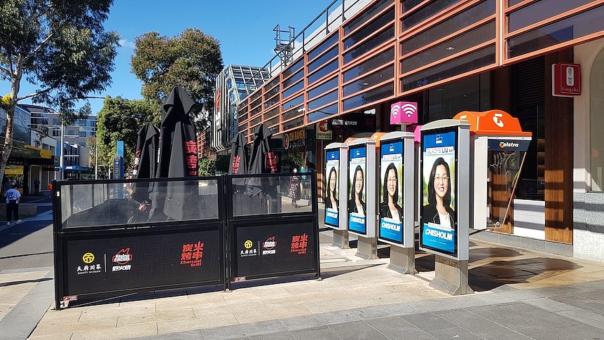 自由党议员廖蝉娥在博士山（Box Hill）的广告牌上。