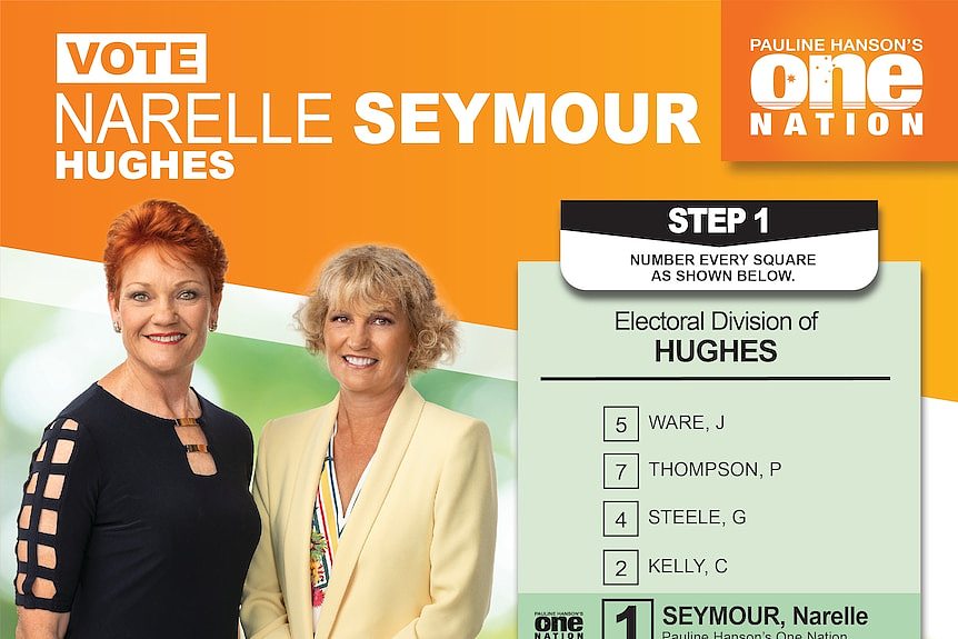 Pauline Hanson is pictured with another woman on an orange how-to-vote card.