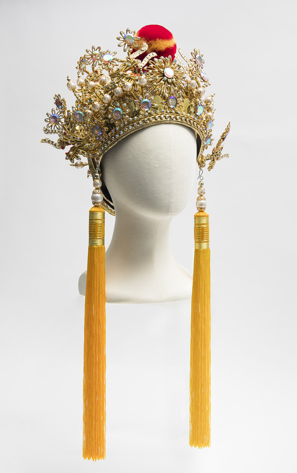 Golden headgear for an Emperor (c. 1970s-80s), fabric, metal, plastic, metallic mesh, faux jewels, pearls, tassels, Private collection.JPG,0