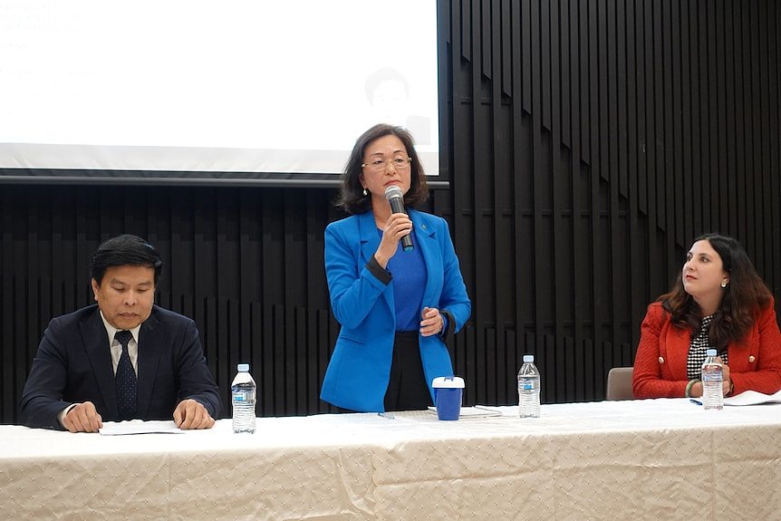 三位候选人中讲台上，中间一位女士站立讲话。