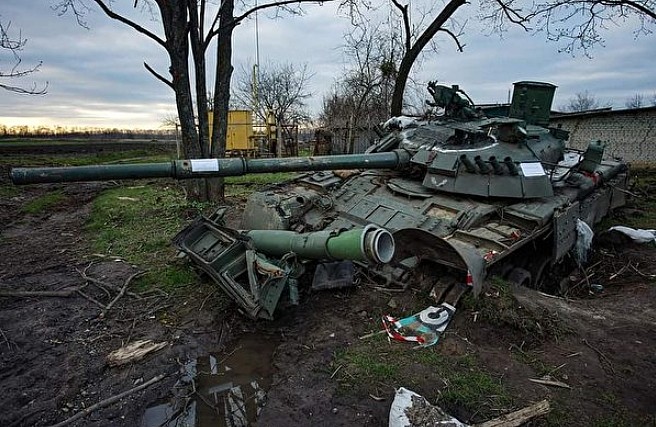 被乌克兰军队摧毁的俄军坦克。 图：翻摄自乌克兰国防部（资料照）