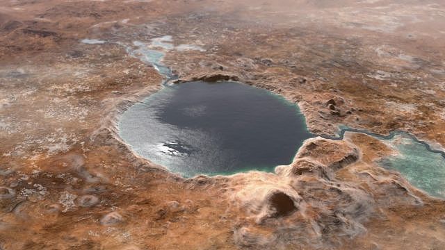 构想图：数十亿年前杰泽罗火山口是一个大湖