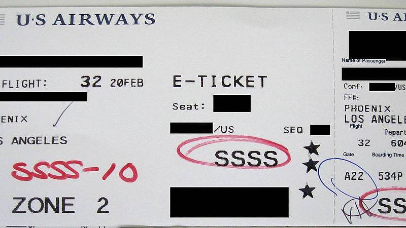 印有「SSSS」标记的登机牌示意图。 （维基百科）
