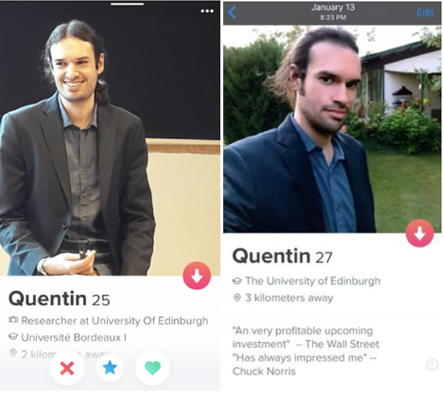 Quentin不同时期的Tinder主页